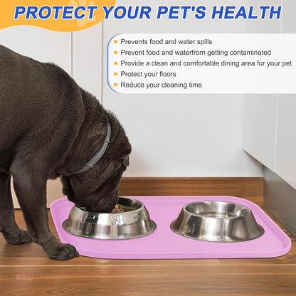 Silicone Pet Feeding Mat with Raised Edge for Food and Water, Dog Bowl Mats, Cat Bowls Placemat with High Lip for Floor Waterproof, Rubber Tray for Cats and Dogs 19 x 12 x0.7 Light Pink