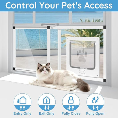 Sliding Cat Door for Window, Fits 22"-28.5" Width Window, 2-Min Install | Aluminum Frame + HD Glass | Weatherproof Design | Magnetic Closure Window Cat Door Insert, Adjustable Pet Door Window for Cats