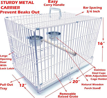 Collapsable Bird, Parrot, Dog, Bunny, Rabbit and Cat Carrier Travel Vet Carrier Cage (19" x 12" x 16"H, White)