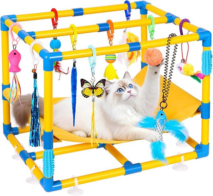 Cat Jungle Gym With Hanging Interactive Toys,Hammock Cat Activity Center For Kittens With Cat Self Groomer,Removable PVC Frame With Colored Spring Rope, Cat Enrichment Toys For Bored Indoor Adult Cats