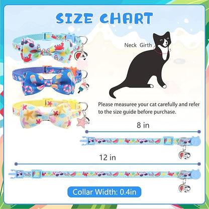 KOOLTAIL Breakaway Cat Collars for Boy Cats with Bow Tie and Bell, 3 Pack Fancy Ocean Theme Kitten Collars with Cute Charm Pendant & Safety Buckle, Adjustable Soft Collars for Boys Girls Kitty