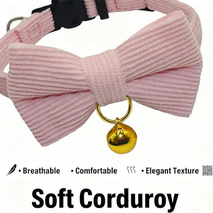 THAIN Cat Collar with Bow Tie and Bell, Breakaway Adjustable Cute Soft Corduroy Kitten Collars Safety Buckle for Girl Cats(Solid Pink)