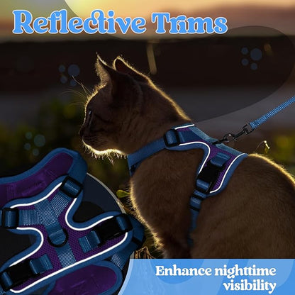 rabbitgoo Cat Harness and Leash Set, Escape Proof Soft Adjustable Vest Harnesses for Outdoor Walking, Easy Control Breathable Kitten Jacket with Reflective Strips, Purple & Blue, M