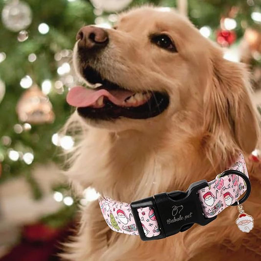 Christmas Dog Collar for Small Dogs - Cute Santa Print Pink Christmas Collars for Dogs, Soft Adjustable Winter Holiday Dog Collars with Quick Release Buckle S