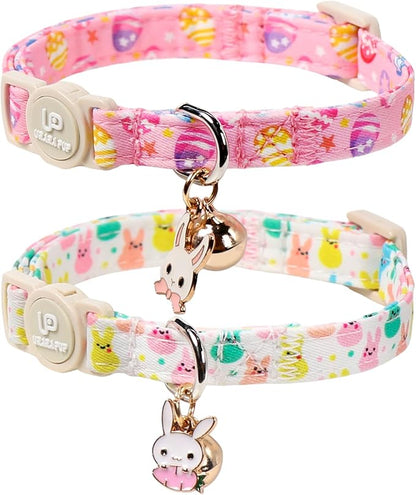 Cat Collar,2Pack Easter Day Cat Collars Cute Breakaway Kitty Collars,Spring Pink Easter Eggs Cat Collar with Bell, Cute Bunny Kitten Collars with Safety Buckle for Girl & Boy Cats