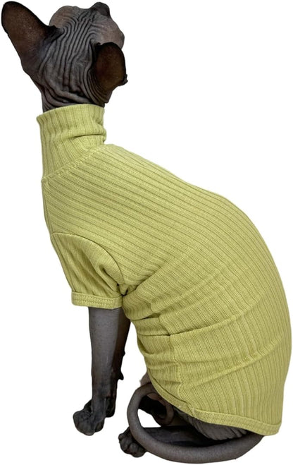 Sphynx Cats Shirt Cat Turtleneck Cotton Sweater Pullover Kitten T-Shirts with Sleeves Cat Pajamas Jumpsuit for Sphynx Cornish Rex, Devon Rex, Peterbald (Medium (Pack of 1), Green Yellow)