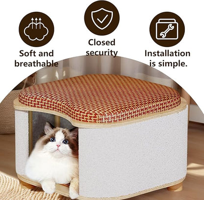 Cat Bed for Indoor Cats – Wooden Cat House with Scratching Pad, Multi-Functional Cat Furniture & Hideaway Stool, Durable Wooden Cat Cabinet Cottage for Kittens