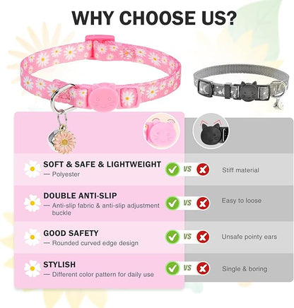 Cat Collars for Girl Cats, 3 Pack Spring Flower Cat Collars Breakaway with Bell for Outdoor Indoor Kitten, Cute Collar with Safety Buckle Adjustable 8"-12" for Kitty Puppy Small Pets, Floral