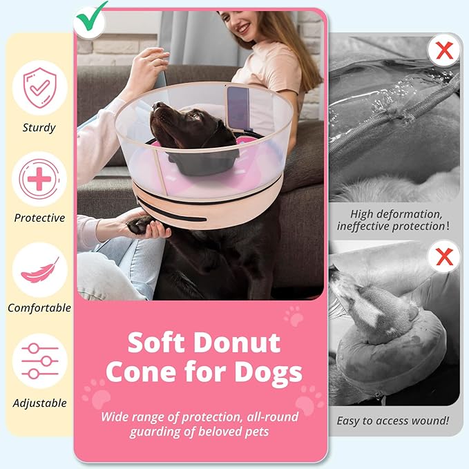 Inflatable Dog Cone with Transparent Shield, Protective Dog Donut Collar After Surgery to Stop Licking, Soft Donut Cone for Medium Pets, Adjustable Recovery Collar with Buckle Visibility