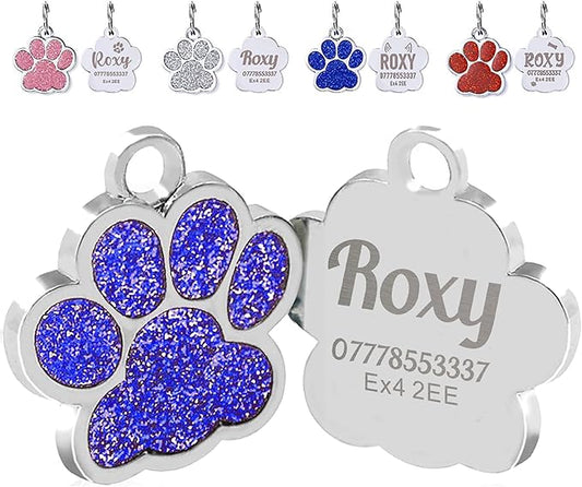 EDSG Cat Dog Tags Personalized for Pets, Dog Name Tags Cat Name ID Tag, Engraved Dog Tags Dog ID Tags Small Glitter Bling ID Tag Paw Print for Cat Pet Dog Puppy(Blue,Design 1)
