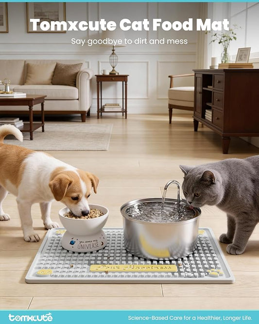 Tomxcute Extra Thick Pet Feeding Mat 19.7" x 14.2", BPA-Free Food-Grade PVC, Waterproof Raised Edge Non-Slip Bowl Mat for Cat Water Fountain & Automatic Feeder, Textured Fast-Drain, Brush Included