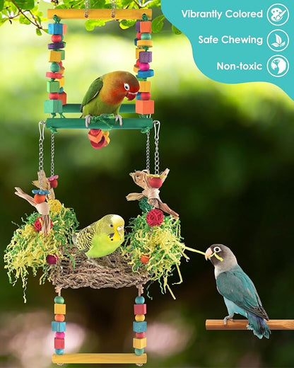 Bird Hammock Toys Parakeet Perches Swing, 3in1 Detachable Parrot Cage Accessories, Wooden Hanging Chew Toys for Medium Conure Cockatiel Quaker Lory