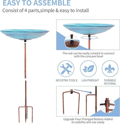VCUTEKA Outdoor BirdBath Glass Bird Bath Garden Bird Feeder with Metal Stake
