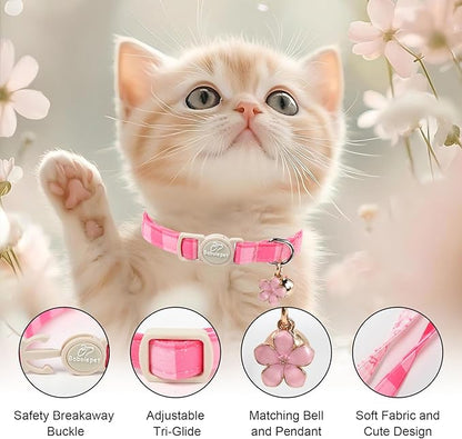 2 Pack Pink Cat Collars - Spring Summer Breakaway Cat Collar with Bell, Bow and Flower Pendant, Adjustable Kitten Collars for Girl Cats, Cute Pink Plaid &Bow