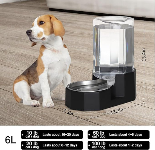 Sfozstra Dog Water Bowl Dispenser: 6L Large Black Gravity Stainless Steel Bowl - Without Filter - Pet Feeder for Pets Indoor/Outdoor Use by Owners