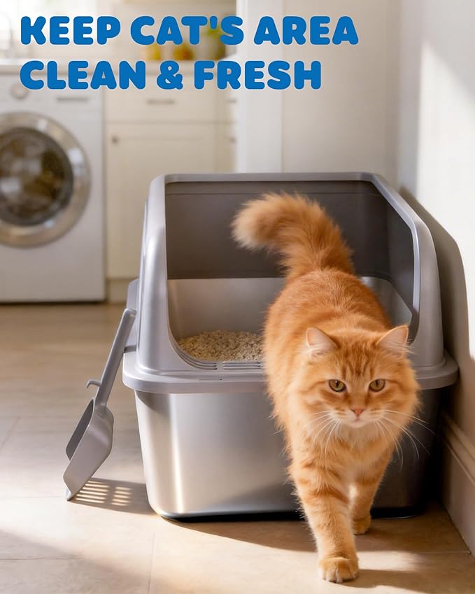 Stainless Steel Cat Litter Box, Metal Litter Box with Scoop, High- Sided, Anti-Leakage Top Entry, Non-Sticky, Easy to Clean, Grey, XL (1 Pack)