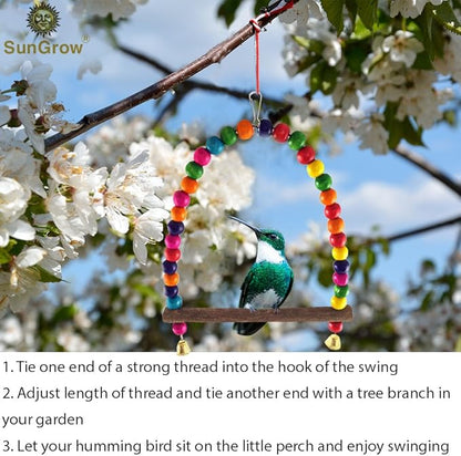 SunGrow Colorful Finch Swing Toy with Bells, Wooden Perch Stand for Canary, Lovebird & Budgie, 8.5x6 Inches, Sturdy Rocking Gym, Small Bird Cage Accessories to Balance, Exercise & Training