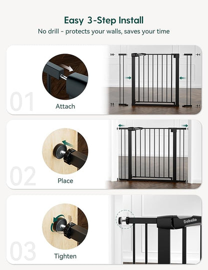 Babelio Baby Gate, 29-43" Auto-Close Easy Install Pet Gate, PressGuard P7 Extra Wide Walk Thru Child Safety Gate, 30" Tall Pressure-Mounted Metal Dog Gate for Doorways & Stairs, Black
