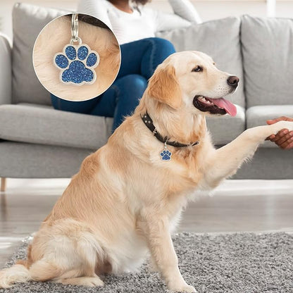 Paw Shape Dog ID Tag Stainless Steel Custom Laser Engraved, Cute Bling Glitter Pet Name Tags Personalized with Durable Engraving (Silver Sparkly Paw)
