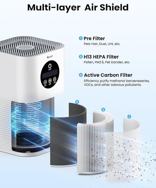 Air Purifiers for Home Large Room up to 600 Ft², VEWIOR H13 True Hepa Air Purifiers for Pets Hair, Dander, Smoke, Pollen, 3 Fan Speeds, 6 Timer Air Cleaner