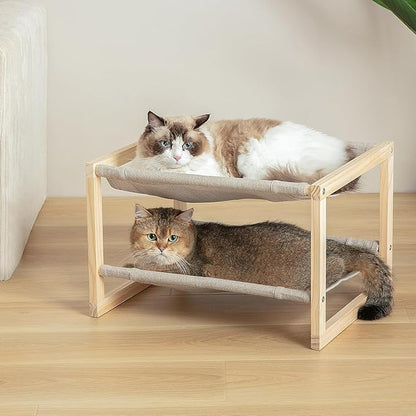 Cat Hammock, Double Layer Wooden Bed for Indoor Cats, 2 Tier Elevated Cat Bed with Breathable & Washable Covers, Sturdy Natural,20 x 16.5 x 13 Inch