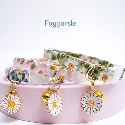 Faygarsle 3 Pack Cotton Safe Breakaway Cat Collars with Bell Daisy Charm Green Blue Pink Kitty Kitten Cute Cat Collars for Girl Cats Female Cats