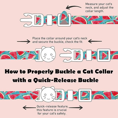 2 Pack Cotton Breakaway Cat Collars Set with Bell and Flower Pendant, Cute Floral Fruit Patterned, Adjustable 7.5-11Inch, Include A Mouse Toy Gift (Watermelon Blueberry)
