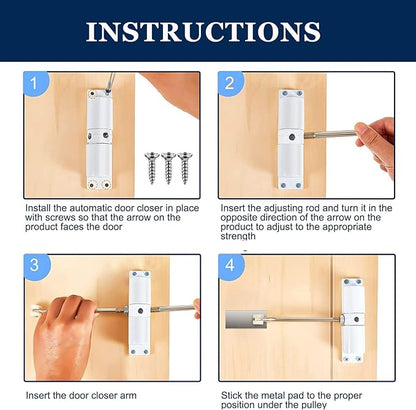 Automatic Door Closer, Zinc Alloy Safety Spring Door Closer Adjustable 30 kg Closing Door Hinge (White)