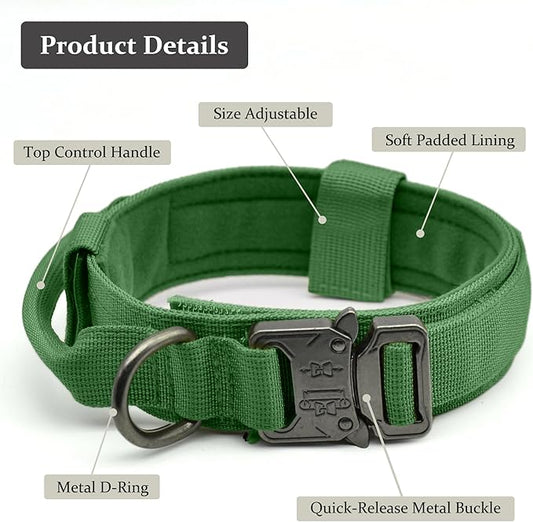 Tactical Dog Collar, Adjustable Military Training Nylon Dog Collar with Control Handle and Heavy Quick-Release Metal Buckle for Small Medium Large Dogs, Emerald Green XL