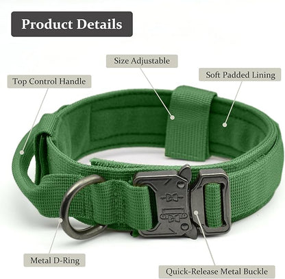 Tactical Dog Collar, Adjustable Military Training Nylon Dog Collar with Control Handle and Heavy Quick-Release Metal Buckle for Small Medium Large Dogs, Emerald Green L