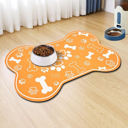Dog Cat Mat for Food and Water,Rapid Absorbent Pet Feeding Mat, Bone Shaped Dog Placemat Bowl Mat with Rubber Backing,No Stains Pet Food Mats Indoor, Pet Accessories Supplies,Orange 17"×29"