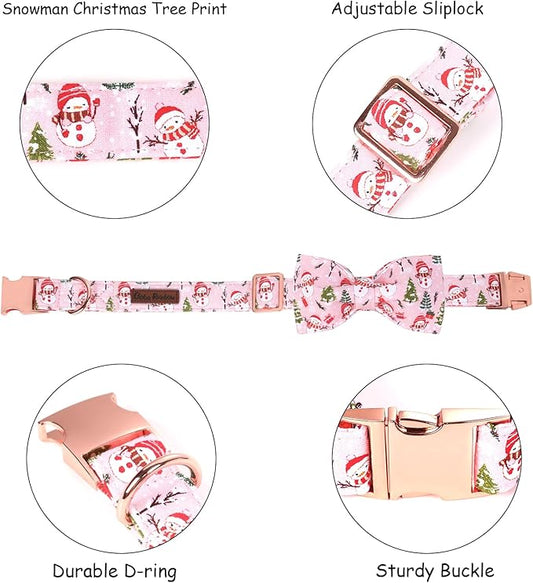Christmas Dog Collar, Christmas Tree and Snowman Print Cute Winter Holiday Collars Cotton Adjustable Comfortable Pink Dog Collar with Bow,Stylish Collars for Medium Girl Dogs
