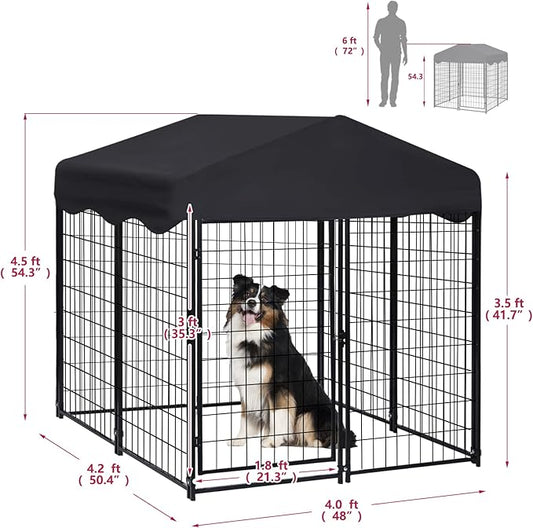 Dog Kennel Outside, 4.5' x 4' x 4' Dog Kennel Outdoor with Roof for Medium Small Dogs, Outdoor Dog Cage Dog Pen with Waterproof & UV-Resistant Cover, 12 Nails for Stablility, 2 Sets