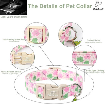 St Patricks Day Dog Collar for Medium Dogs - Cute Light Pink Shamrock Girl Dog Collars, Adjustable Irish Clover Puppy Collar with Quick Release Buckle M