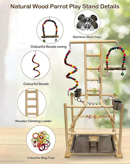 Bird Play Stand, Large Parakeet Playground, Natural Wood Parrot Perch Stand, Birds Play Gym Cockatoos Cage Accessories with Feeder Cups Swings for Cockatiel Budgie Conure