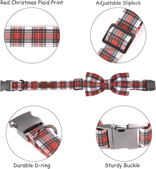 Christmas Dog Collar, Red Plaid Cotton Collars with Bow Adjustable Pet Collar Premium Metal Buckle, Christmas Puppy Necklace for Medium Girl and Boy Dogs
