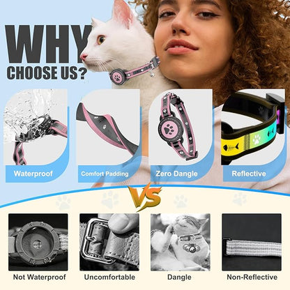 Airtag Cat Collar Breakaway, Reflective Cat Collar with AirTag Holder and Bell, Compatible with Apple Air Tag, Comfortable Padding, Adjustable, Durable (Pink, XS)