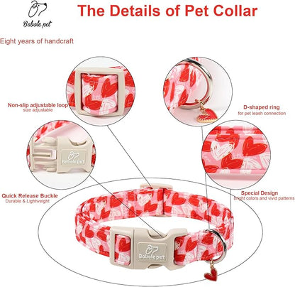Valentines Dog Collar for Large Dogs - Cute Pink Girl Dog Collar, Doodle Heart Pattern, Adjustable Valentine Dog Collars with Red Heart Charm L