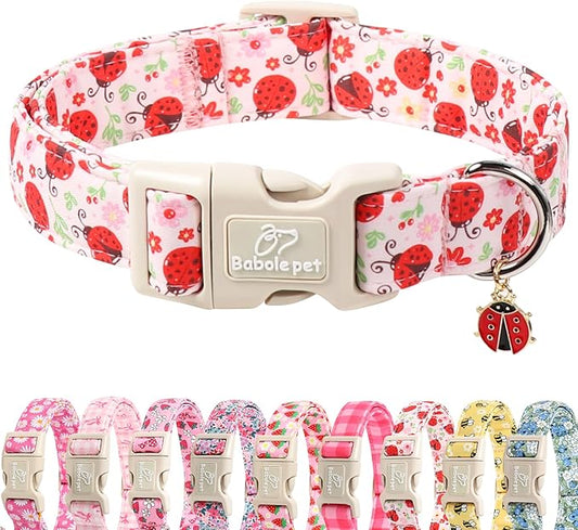 Lucky Ladybug Dog Collar for Giant Large Dogs - Sweet Pink Girl Dog Collars, Lightweight Adjustable Spring Garden Mom Dogs Collars with Quick Release Buckle XL