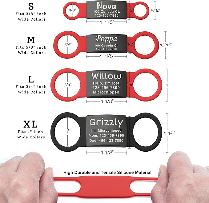 Anavia Slide On Silent Pet ID Tags, S/M/L/XL Personalized Black Stainless Steel Colored Silicone Cat Dog Name Tag, Customized Engraved Nameplate, Quiet Chew-Proof Pet Collar Tag (Yellow, Medium)