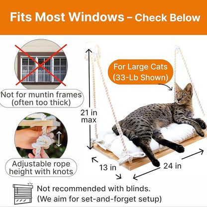 Large Cat Window Perch with Industrial-Grade Suction Cups – Solid Pine Wood Hammock Bed, Soft Cushion - 42 lb Capacity for Heavy Cats Inside
