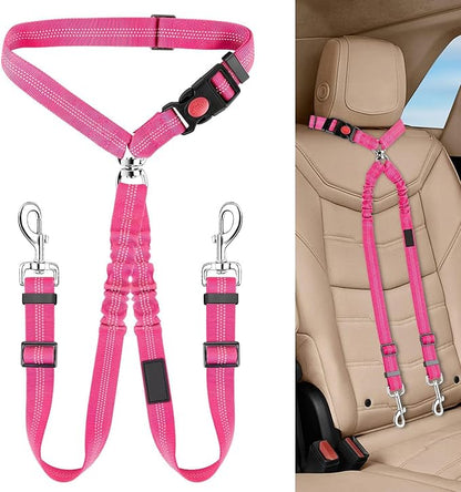 Dog Seat Belt for Car, Dual Pet Vehicle Headrest Restraint Safety Seatbelt,Two Dog Leash No Tangle Dog Car Leash Seat Belt,Duty Adjust Elastic Connect Harness in Vehicle Travel(Pink)