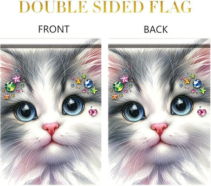 Cute Kitty Garden Flag 12x18 Inch Bling Rhinestone Cat Face Banner Double Sided Kitten Yard Decor for Cat Lovers, Spring Summer Outdoor Decoration