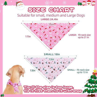 PAWCHIE Christmas Dog Bandanas 4 Pack,Reversible Dog Party Triangle Scarf Bibs, Pet Holiday Costume with Adjustable Snaps,Multiple Christmas-Themed Patterns for Small Dogs Puppy,Cats Pets,Pink S