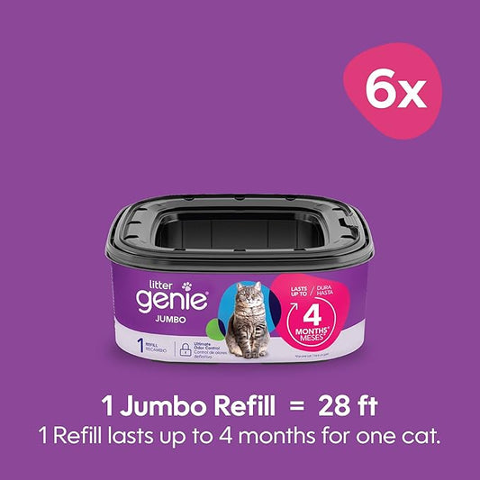 Litter Genie Refill Bags | Jumbo 6-Pack 168 total ft | Up to 24 months of supply in 6 cartridges | Ultimate Odor Control Cat Litter Bags