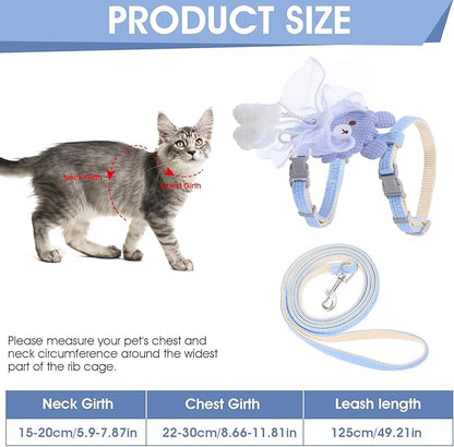 TIESOME Cat Harness and Leash Set, Adjustable Gradient Kitten Harness Escape Proof Harness with Leash for Kitty Outdoor Walking (Ribbon Bear Blue)