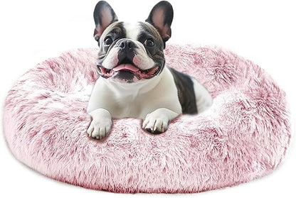 JOLLYVOGUE Calming Dog Bed Medium Size Dog, Anti-Anxiety Donut Medium Pet Bed, 31 inches Fluffy Faux Fur Round Cat Bed, Fits up to 45 lbs Pets (Smoke Pink)