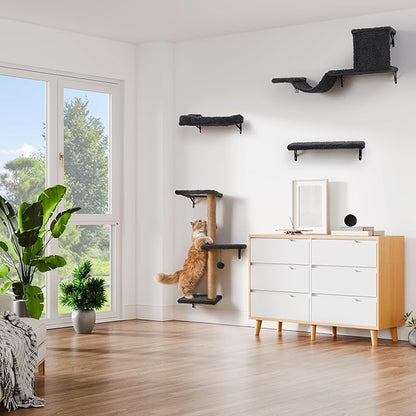5-in-1 Cat Wall Shelves, Multi-Level Cat Climbing Furniture, Perch & Lounge for Indoor Cats, Space-Saving Wall Mounted Cat Shelves for Play & Rest (Natural Wood) - Gray