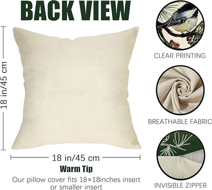 Fahrendom Hello Winter Green Decorative Throw Pillow Covers 18 x 18 Set of 4, Chickadee Pine Needle Branch Porch Patio Outdoor Pillowcase, Christmas Pine Cone Red Berry Sofa Cushion Case Home Decor