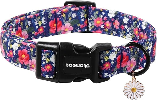 DOGWONG Blue Flower Dog Collar, Cute Adjustable Floral Collar, Girl Female Dog Collar with Strong Plastic Buckle for Small Medium Large Dogs,L